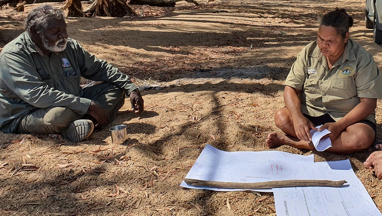 Mapoon ranger verifier Sarah Barkley exploring the co-benefits of carbon farming with Kowanyama elder, John Clarke during the Kowanyama carbon project verification in 2019.